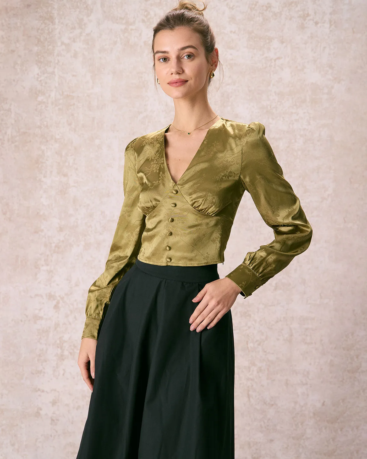 The Green V Neck Jacquard Satin Blouse sold by rihoas