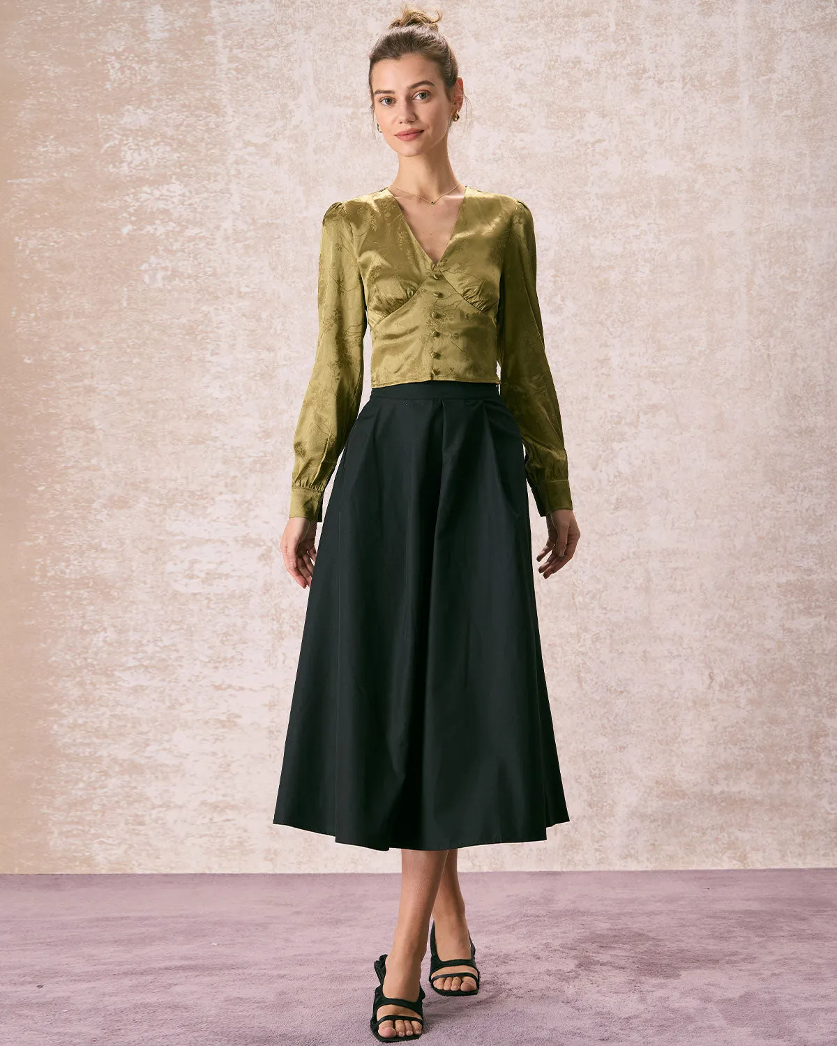The Green V Neck Jacquard Satin Blouse sold by rihoas product image thumbnail 5