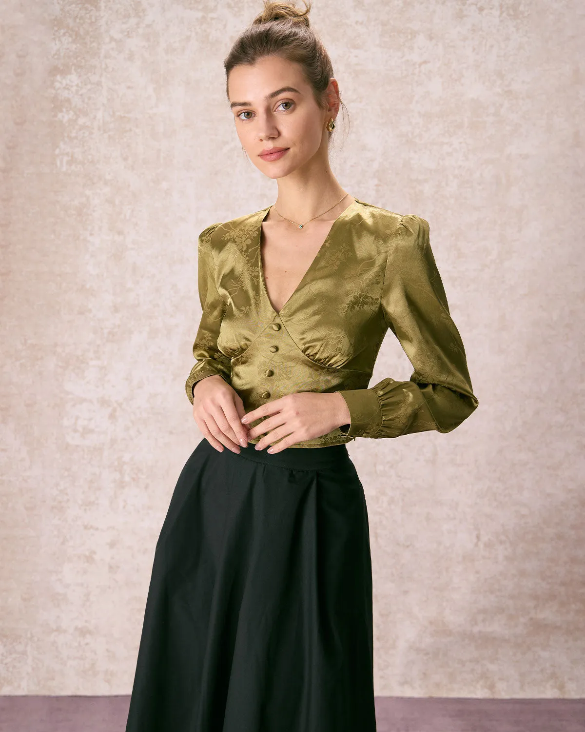 The Green V Neck Jacquard Satin Blouse sold by rihoas product image thumbnail 4