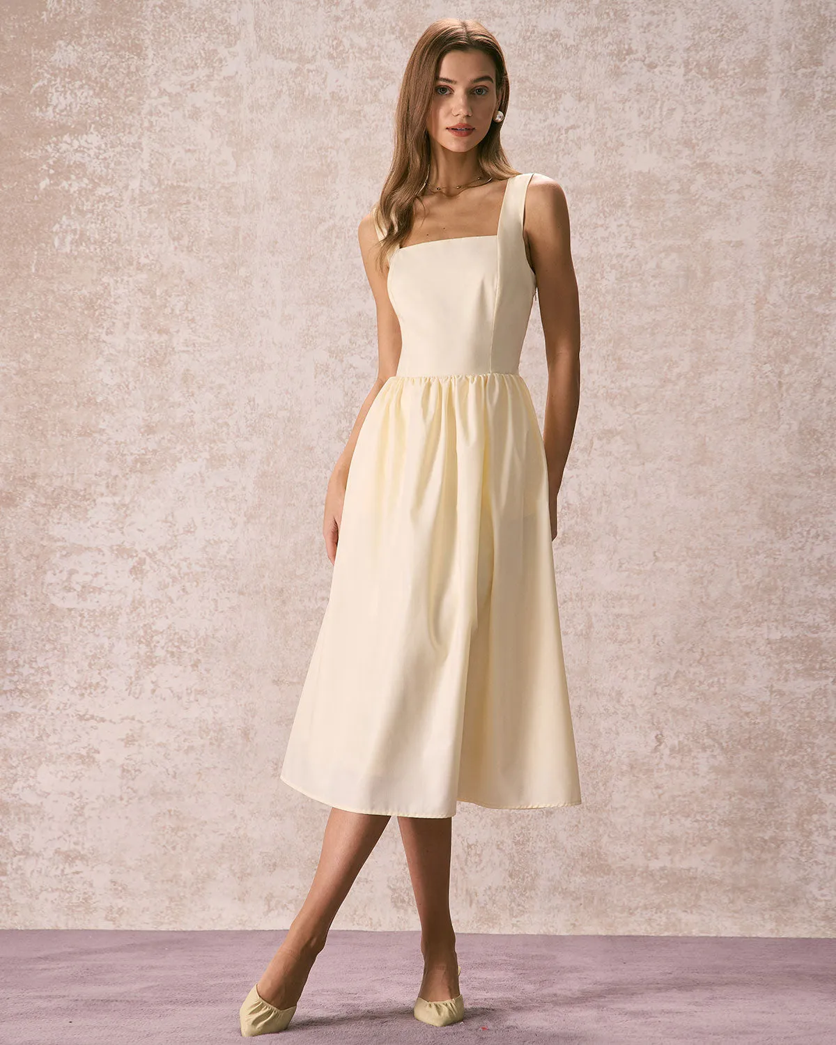 The Light Yellow Pleated Cross Back Midi Dress sold by rihoas product image thumbnail 5