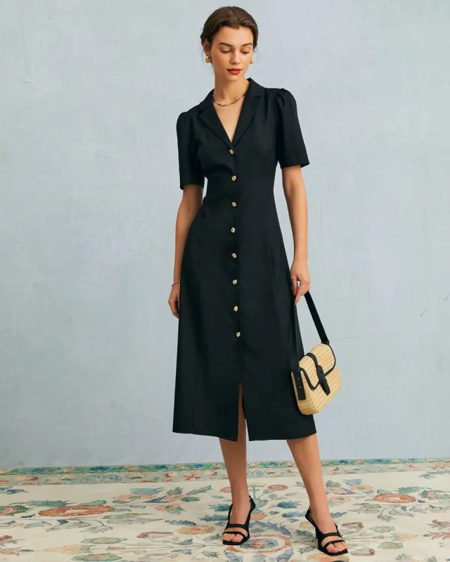 The Black V Neck Button Puff Sleeve Midi Dress sold by rihoas