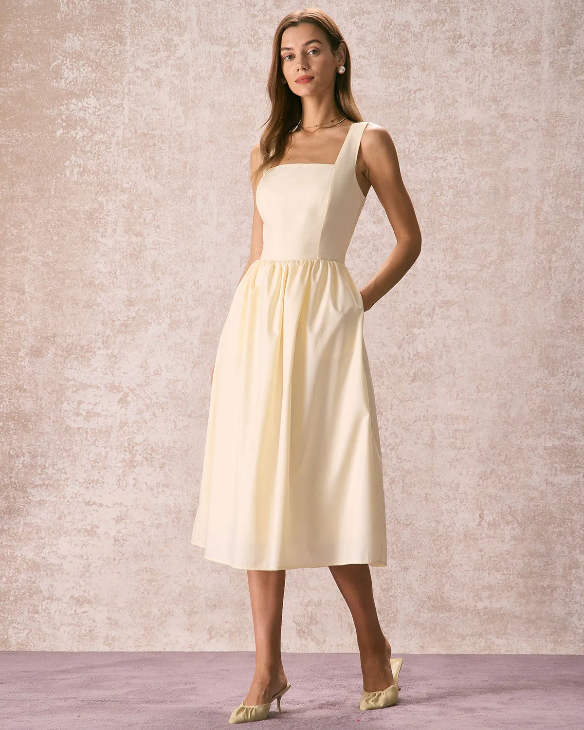 The Light Yellow Pleated Cross Back Midi Dress sold by rihoas product image thumbnail 4