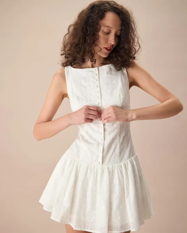 Women's White Boat Neck Jacquard Cotton Mini Dress sold by rihoas