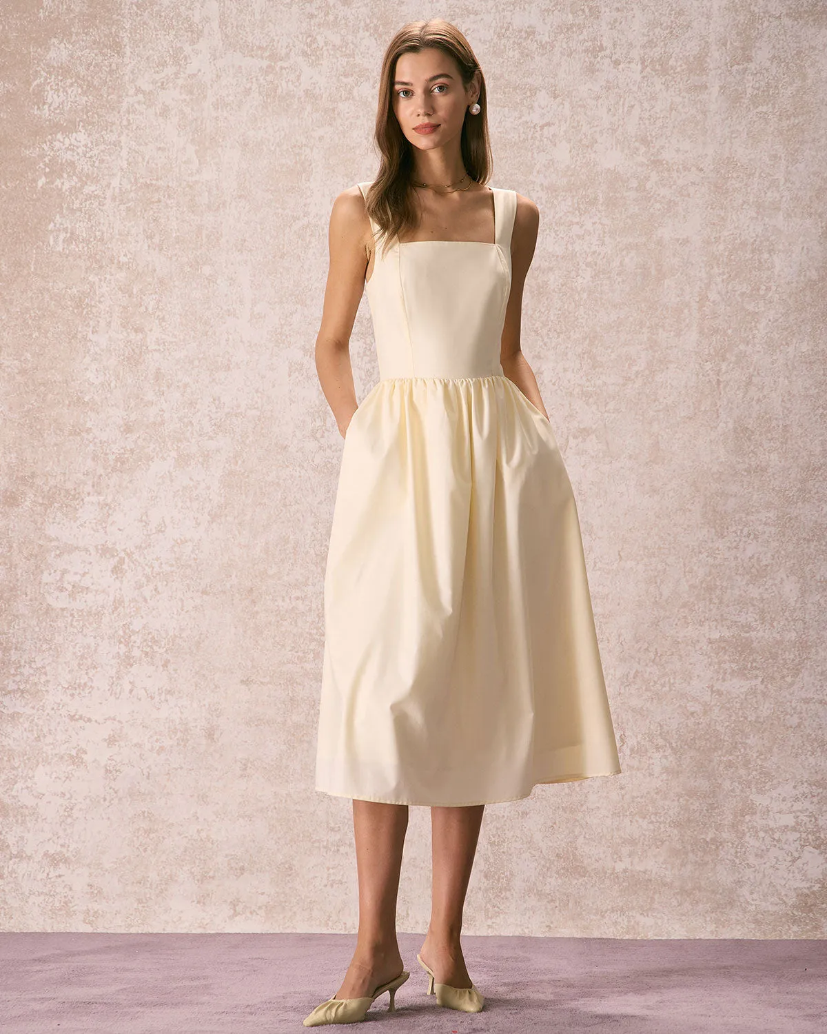The Light Yellow Pleated Cross Back Midi Dress sold by rihoas product image thumbnail 3