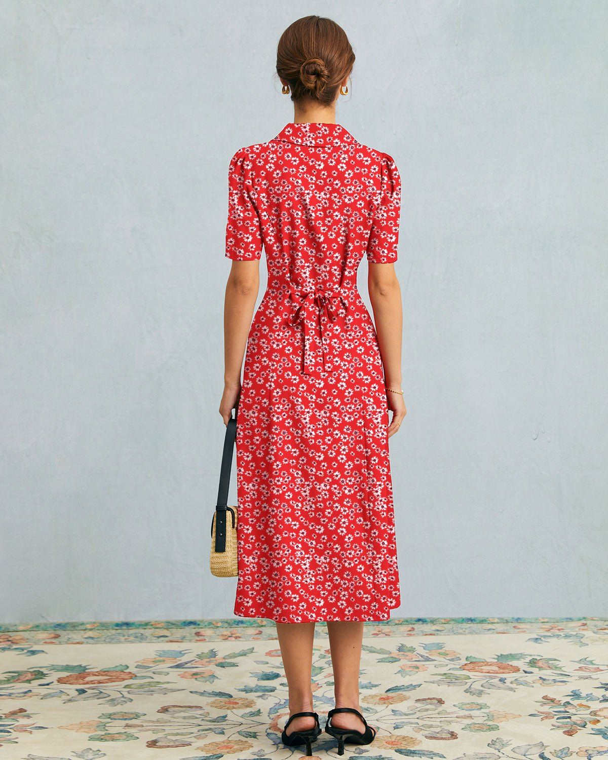 The Red Lapel Floral Puff Sleeve Midi Dress sold by rihoas product image thumbnail 3