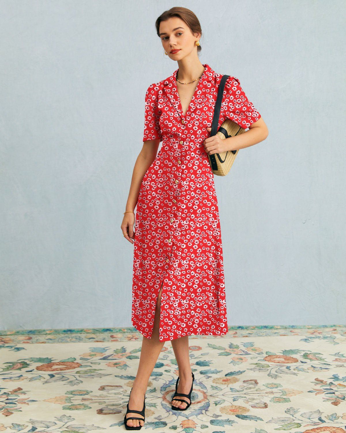 The Red Lapel Floral Puff Sleeve Midi Dress sold by rihoas