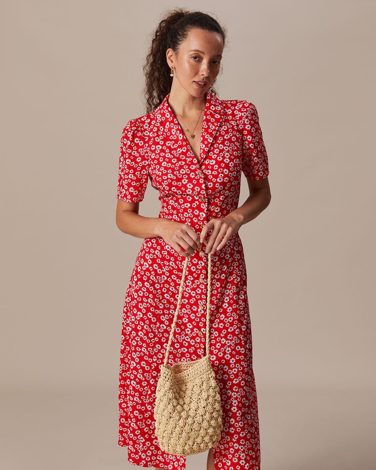 The Red Lapel Floral Puff Sleeve Midi Dress sold by rihoas product image thumbnail 4