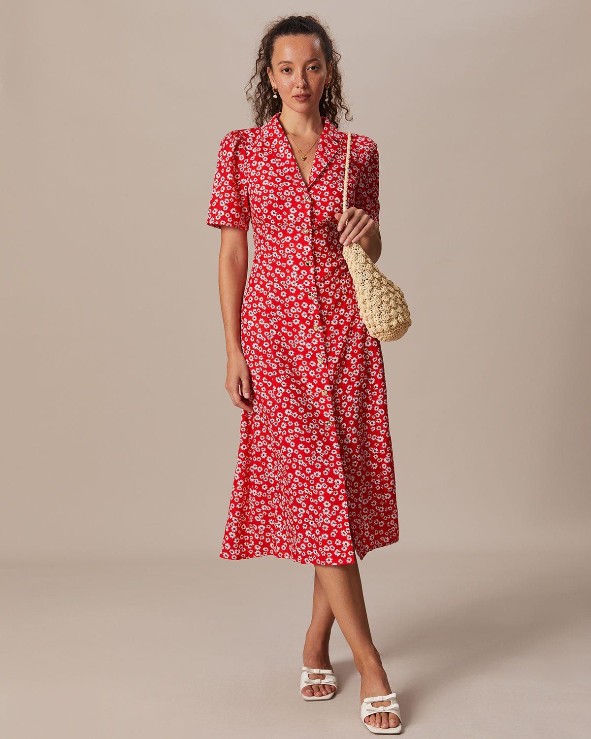 The Red Lapel Floral Puff Sleeve Midi Dress sold by rihoas product image thumbnail 5