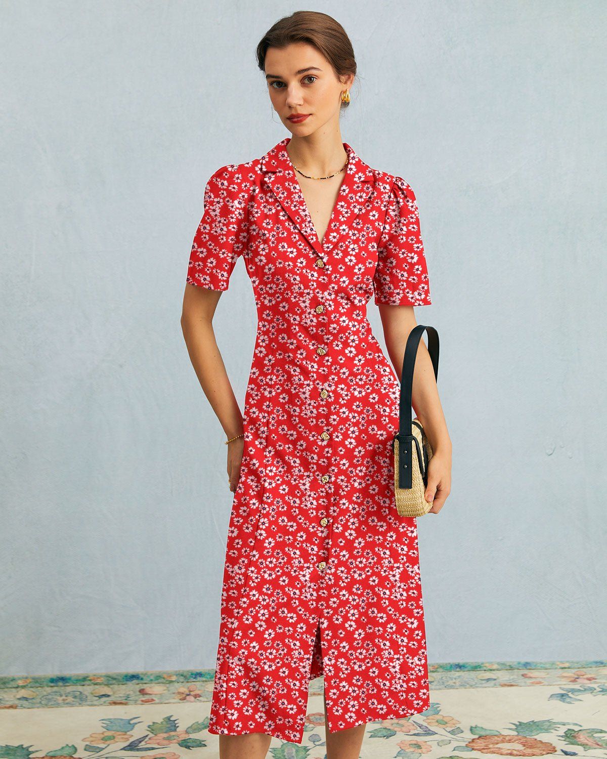 The Red Lapel Floral Puff Sleeve Midi Dress sold by rihoas product image thumbnail 2