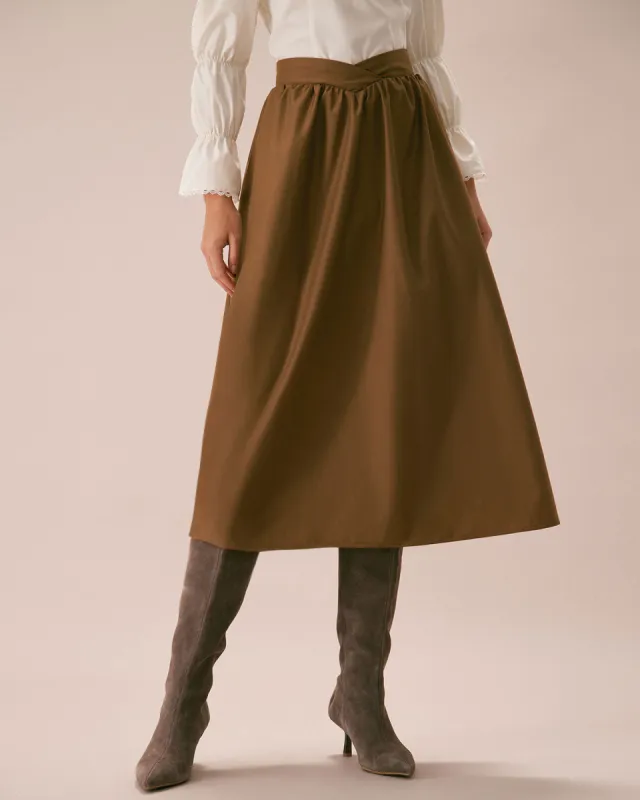The Khaki High Waisted Pleated Midi Skirt sold by rihoas