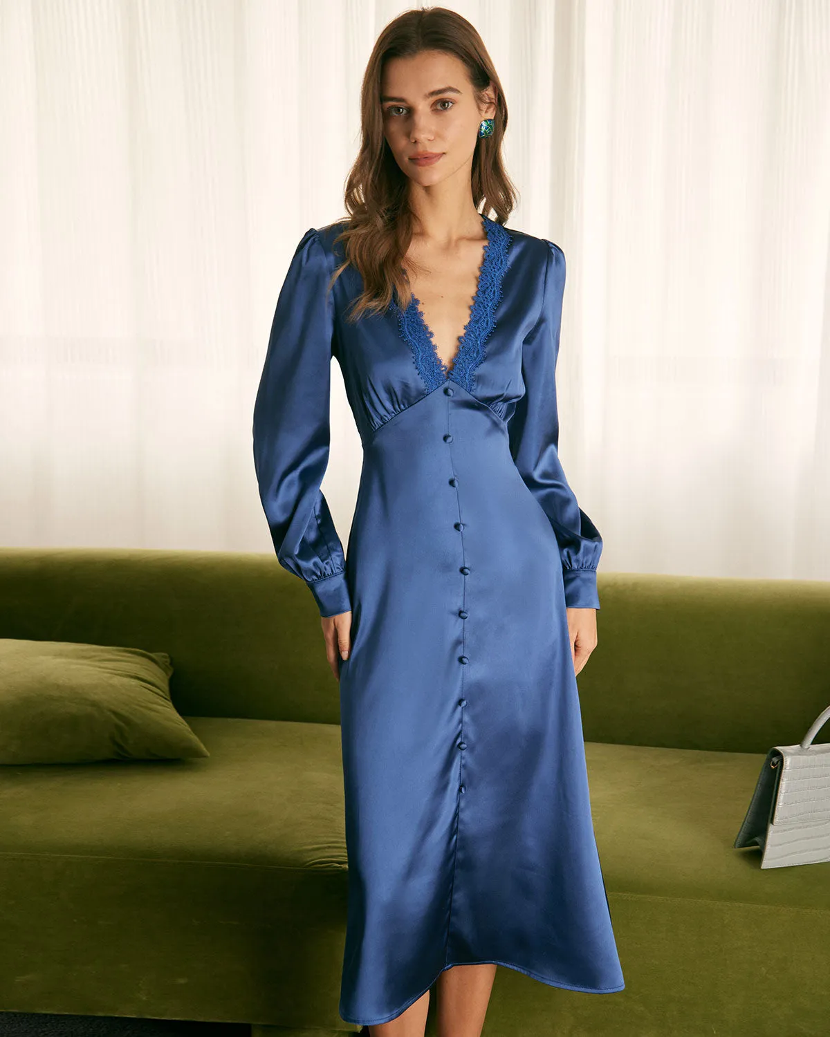 The Blue Deep V Neck Lace Satin Midi Dress sold by rihoas product image thumbnail 4