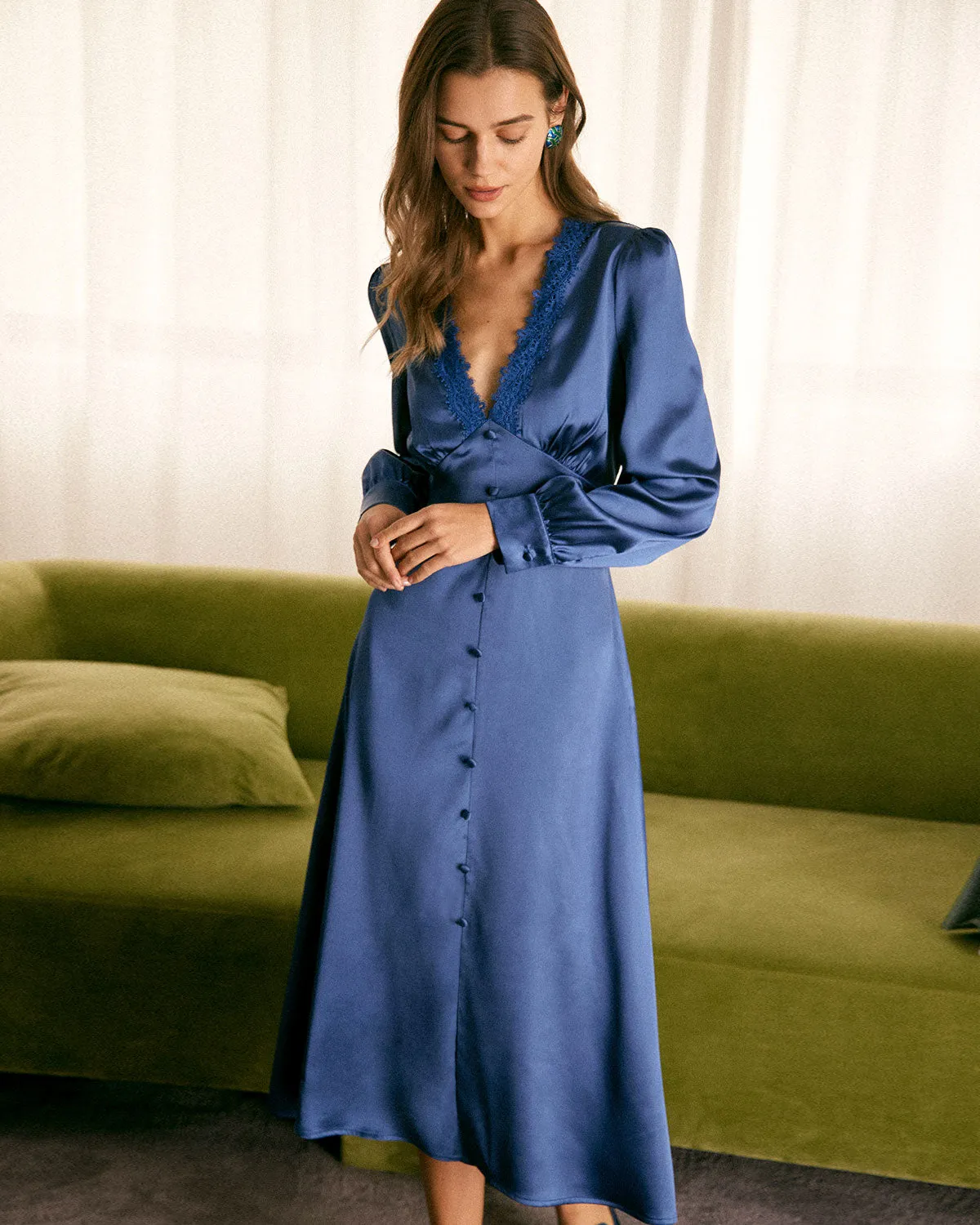 The Blue Deep V Neck Lace Satin Midi Dress sold by rihoas product image thumbnail 3