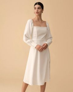 The Square Neck Long Sleeve Slit Midi Dress sold by rihoas