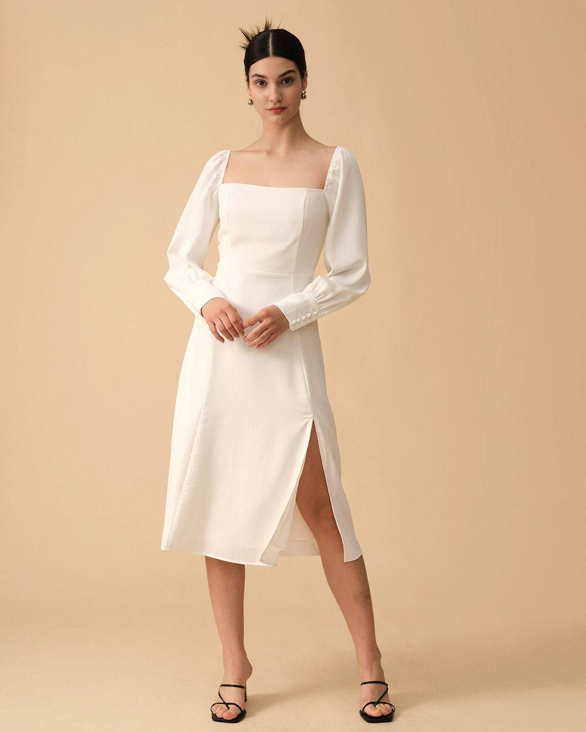 The Square Neck Long Sleeve Slit Midi Dress sold by rihoas