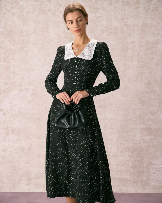 The Black Lace Collar Polka Dot Maxi Dress sold by rihoas