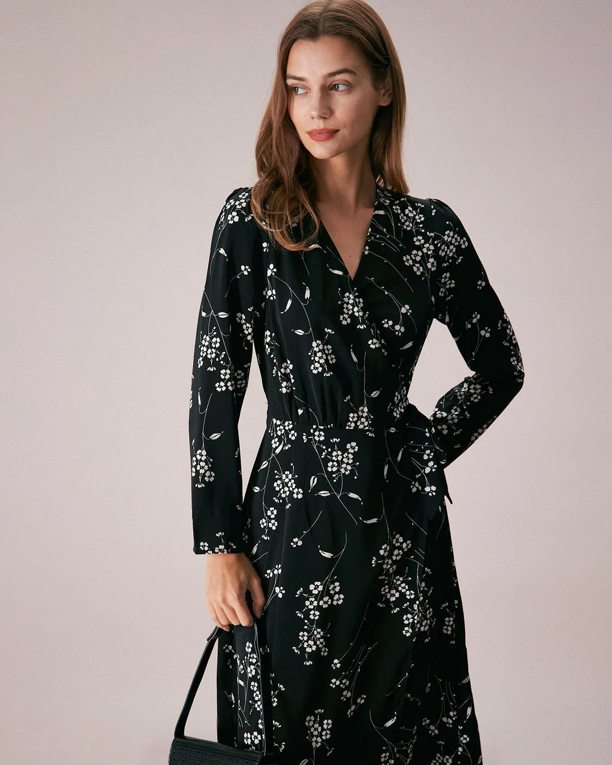 The Black V Neck Wrap Floral Midi Dress sold by rihoas product image thumbnail 3