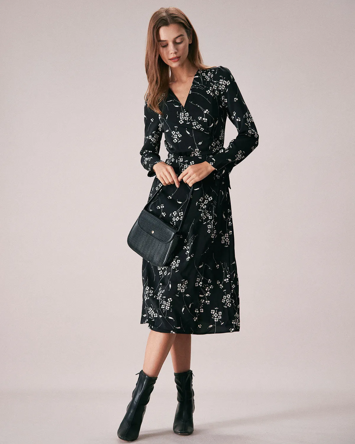 The Black V Neck Wrap Floral Midi Dress sold by rihoas product image thumbnail 2