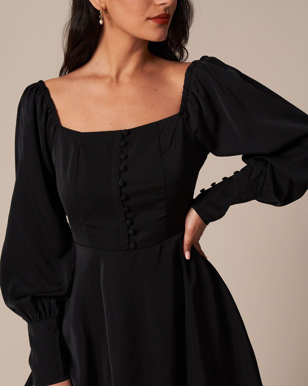 The Black Button Lantern Sleeve Mini Dress sold by rihoas product image thumbnail 4