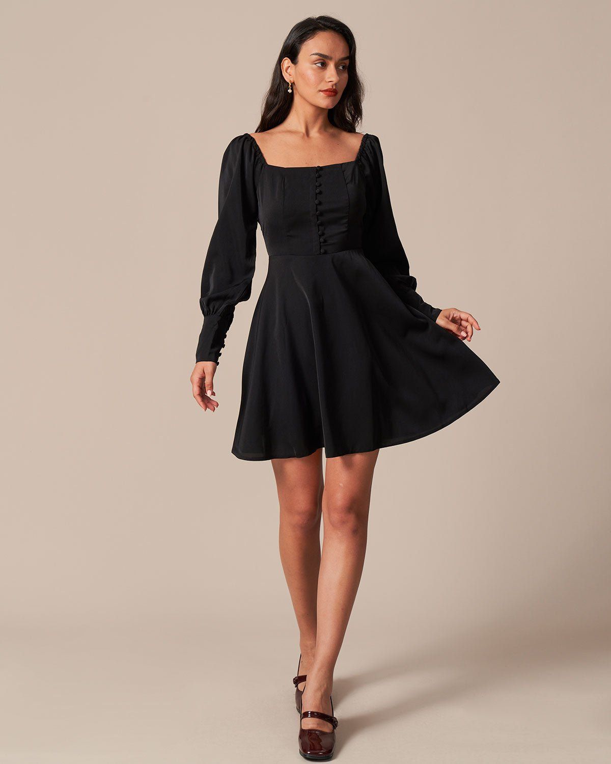 The Black Button Lantern Sleeve Mini Dress sold by rihoas product image thumbnail 3