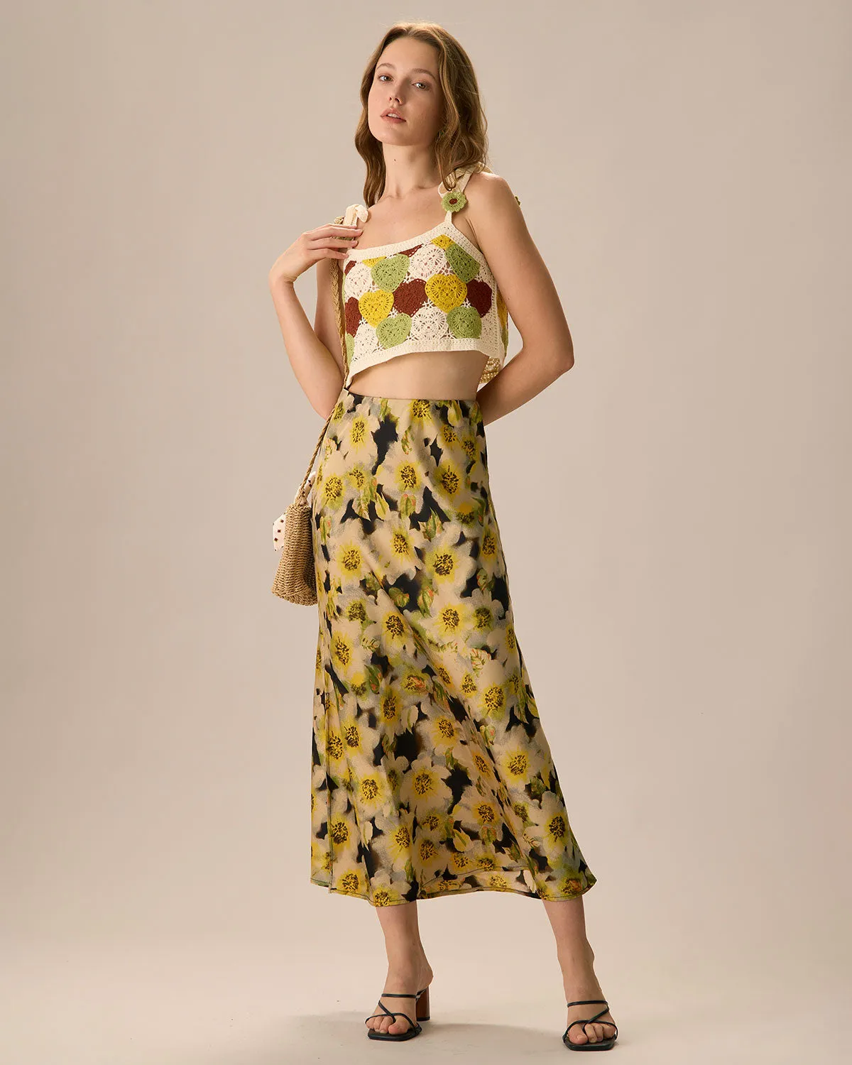 Women's Yellow High-waisted Floral Midi Skirt sold by rihoas product image thumbnail 3