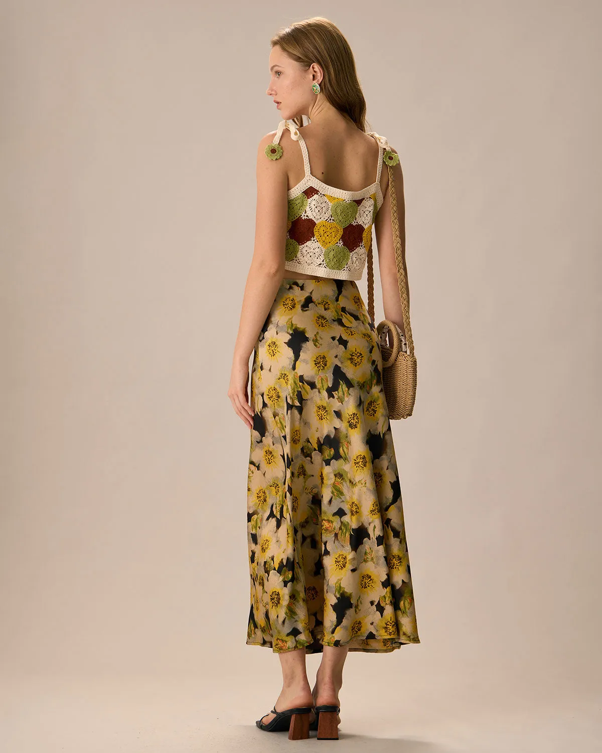 Women's Yellow High-waisted Floral Midi Skirt sold by rihoas product image thumbnail 5