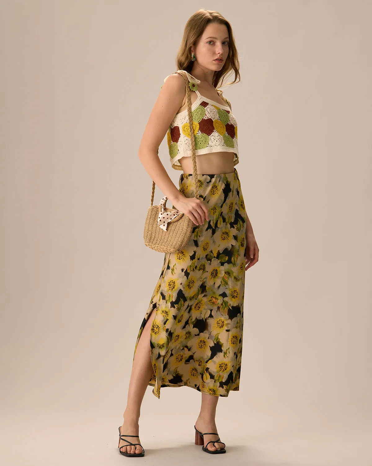 Women's Yellow High-waisted Floral Midi Skirt sold by rihoas product image thumbnail 4
