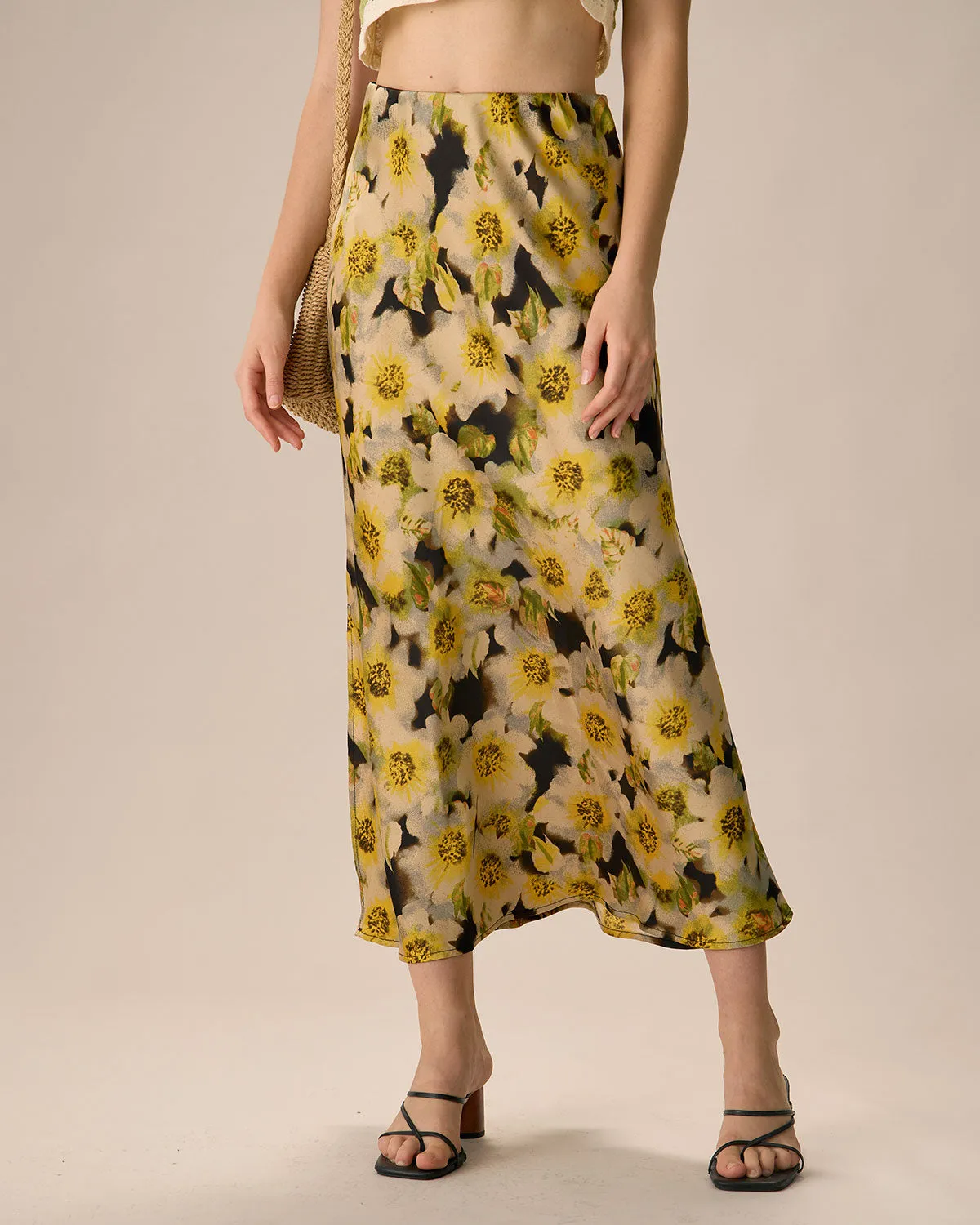 Women's Yellow High-waisted Floral Midi Skirt sold by rihoas