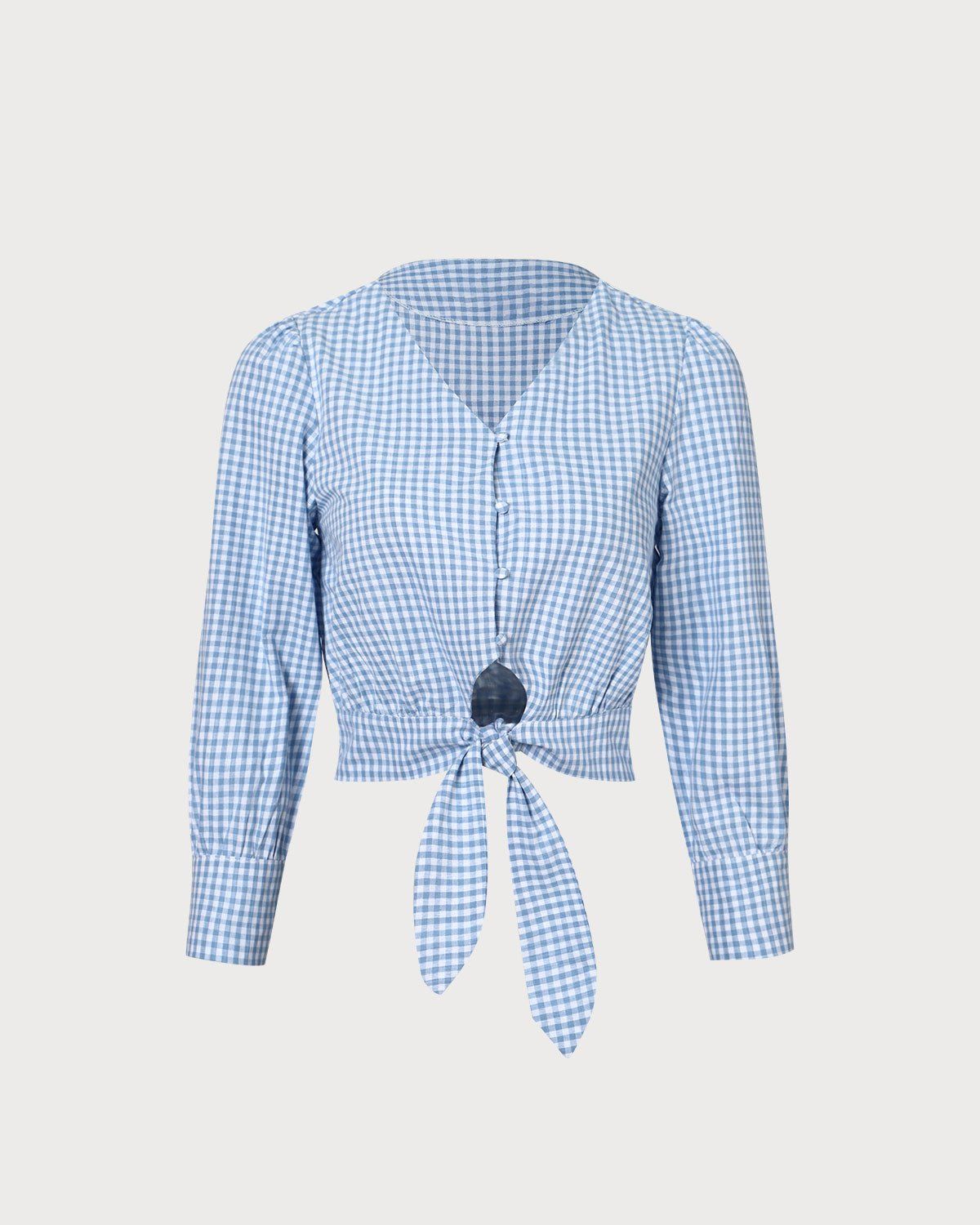 The Blue V Neck Plaid Cutout Ruched Blouse sold by rihoas