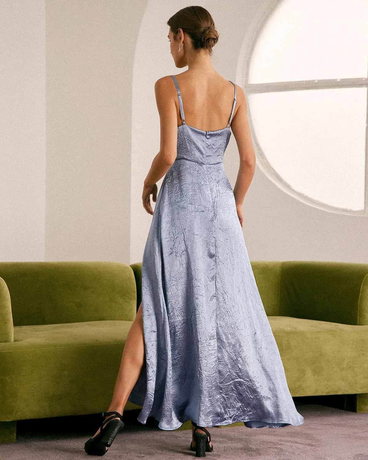 The Blue V Neck Satin Slit Slip Maxi Dress sold by rihoas product image thumbnail 5