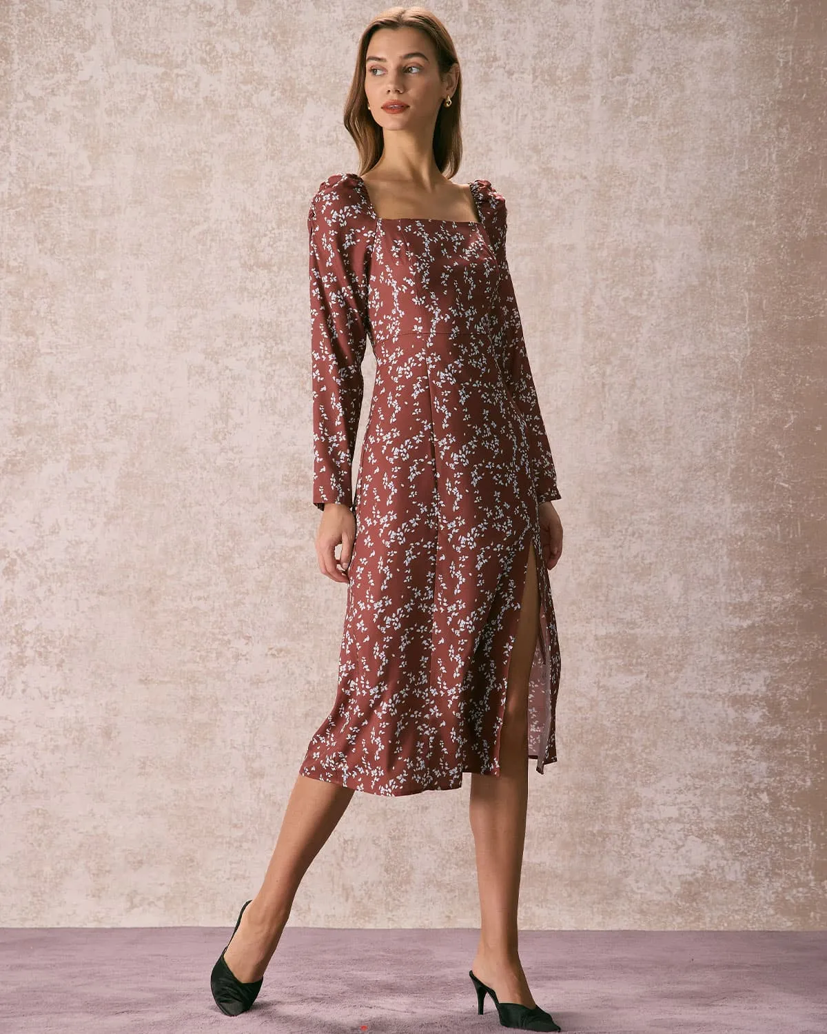 The Brown Square Neck Floral Slit Midi Dress sold by rihoas product image thumbnail 4
