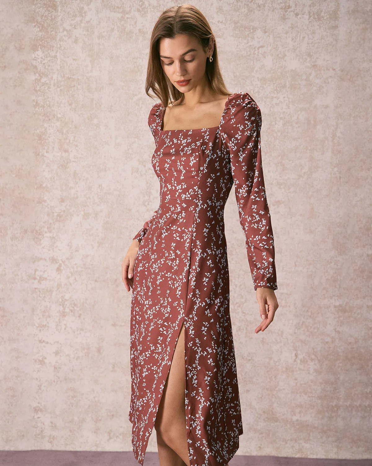 The Brown Square Neck Floral Slit Midi Dress sold by rihoas product image thumbnail 3