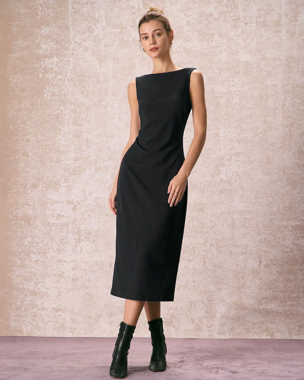 The Black Boat Neck Ruched Midi Dress sold by rihoas