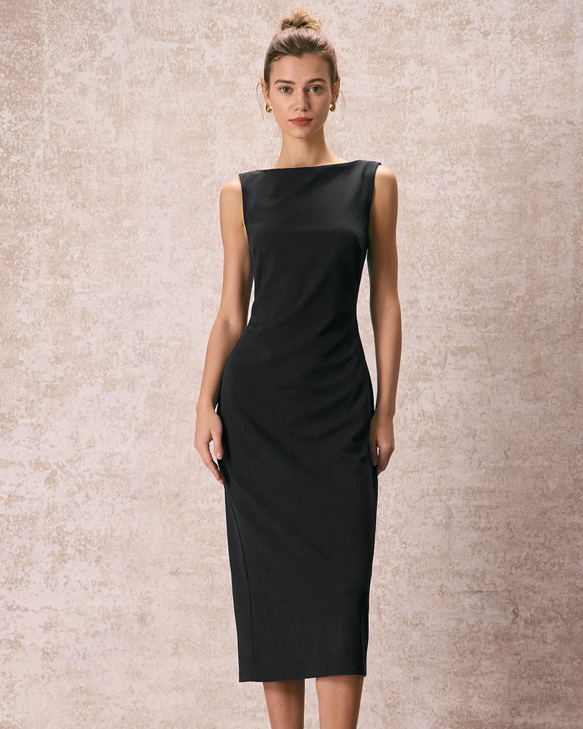 The Black Boat Neck Ruched Midi Dress sold by rihoas product image thumbnail 4
