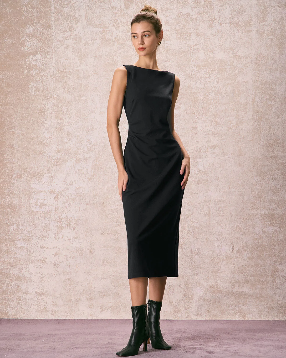 The Black Boat Neck Ruched Midi Dress sold by rihoas product image thumbnail 5