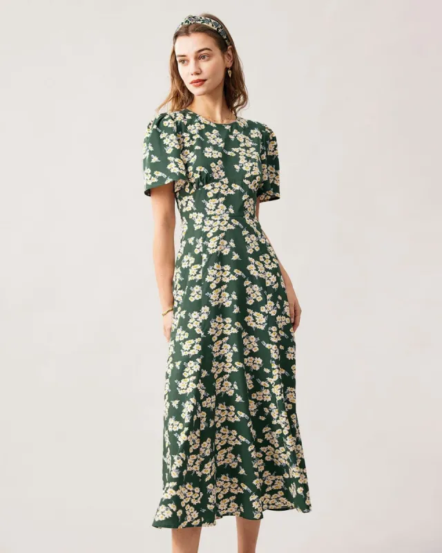 The Green Round Neck Short Sleeve Floral Midi Dress sold by rihoas