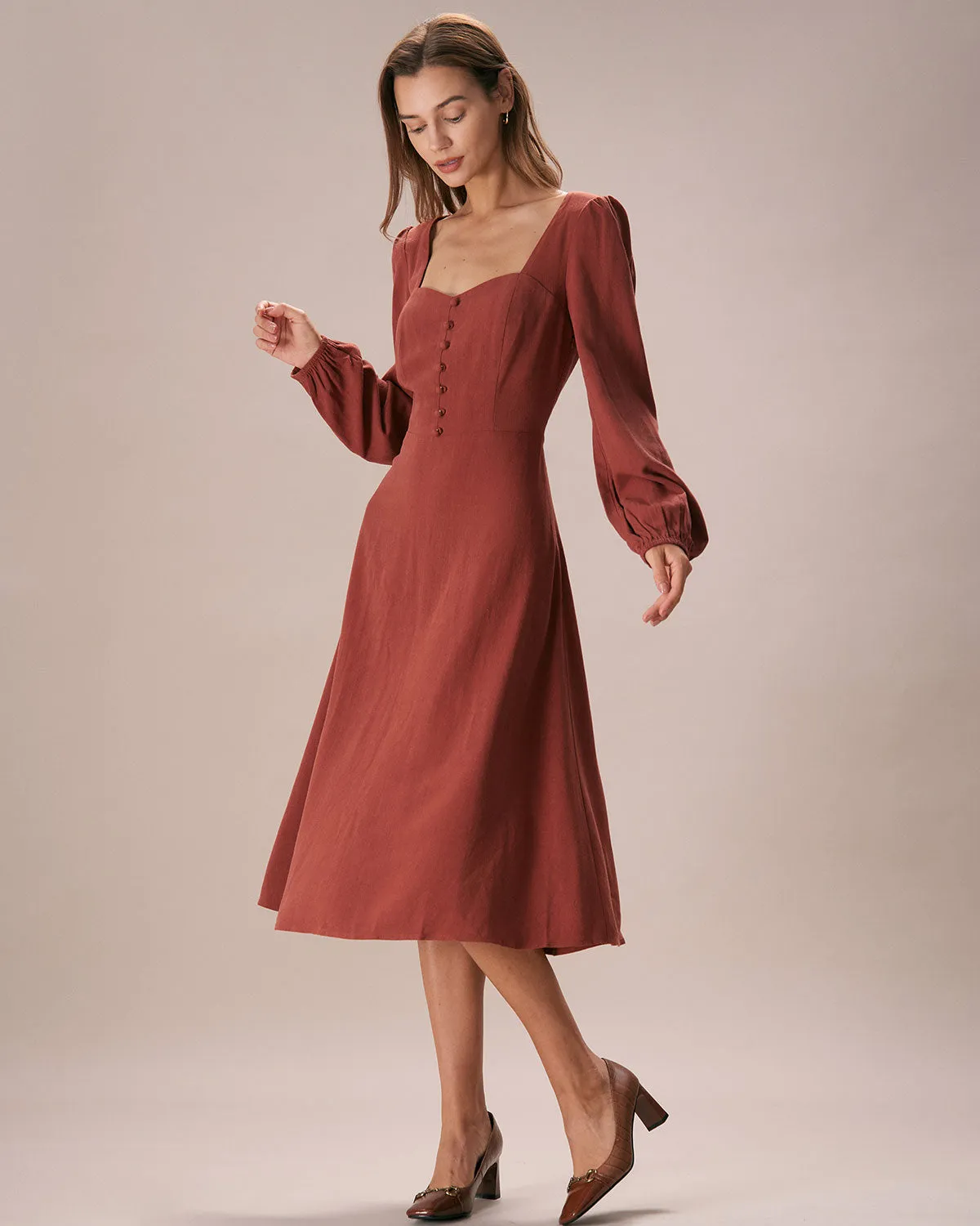 The Caramel Sweetheart Neck Midi Dress sold by rihoas product image thumbnail 3