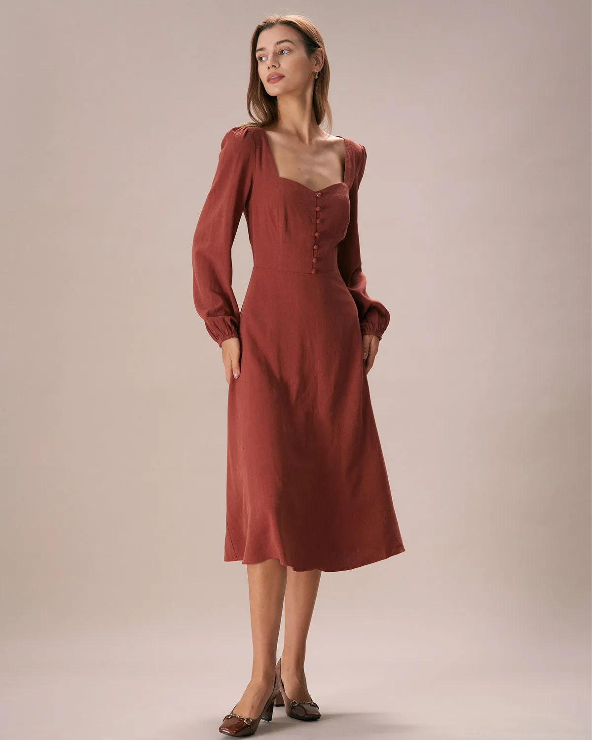 The Caramel Sweetheart Neck Midi Dress sold by rihoas product image thumbnail 4