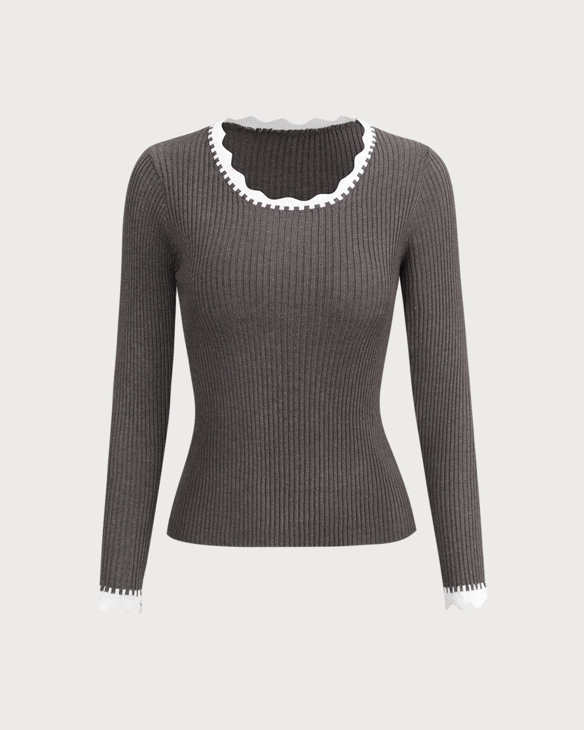 The Grey Round Neck Scalloped Trim Knit Top sold by rihoas