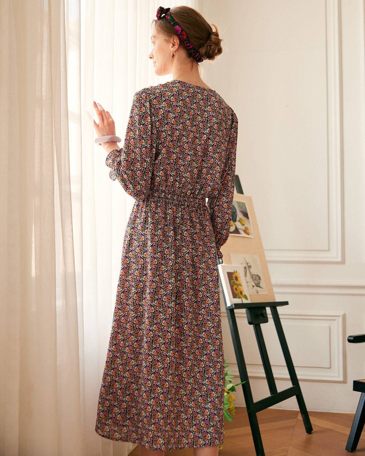 The V Neck Ruffle Cuff Floral Midi Dress sold by rihoas product image thumbnail 5