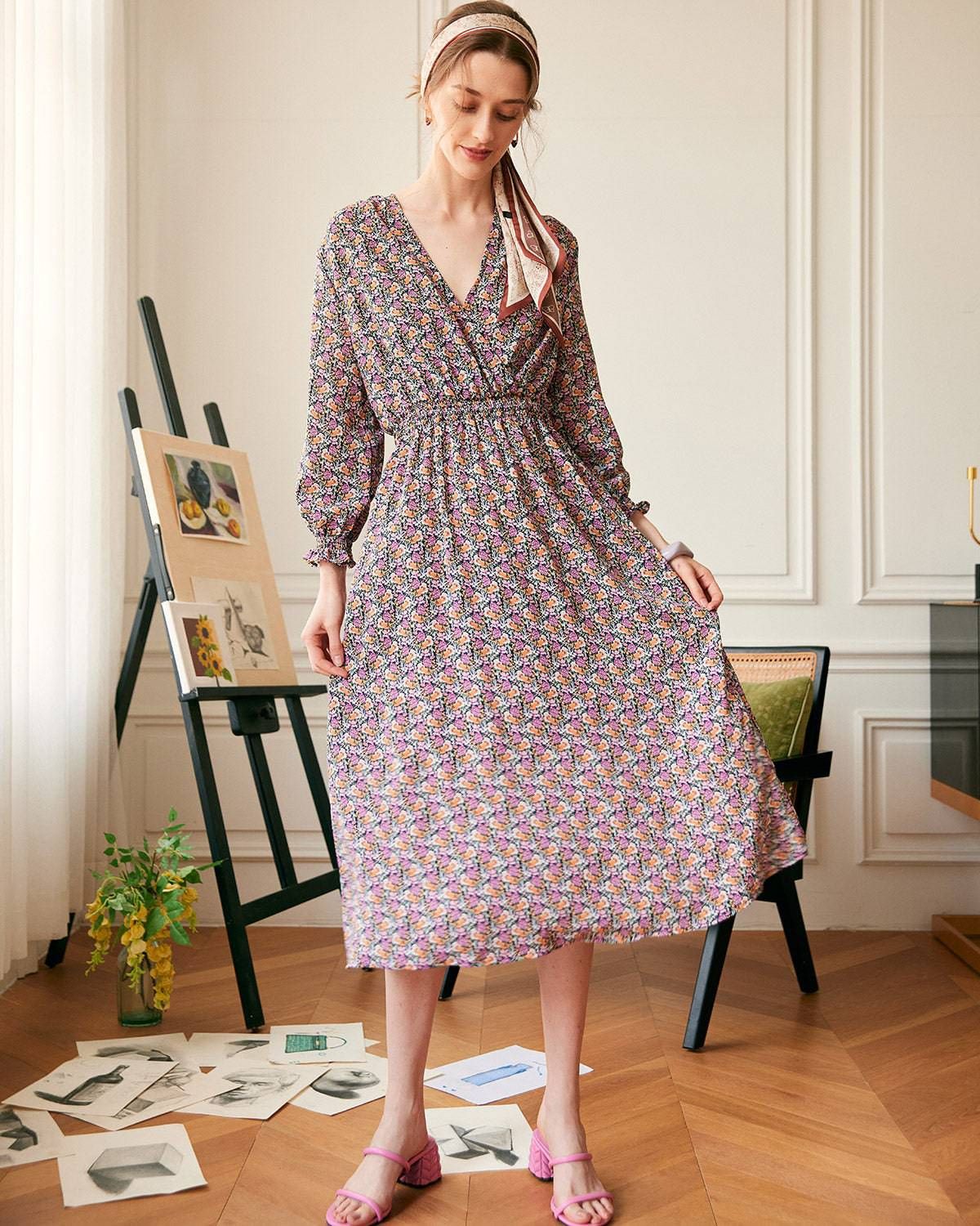The V Neck Ruffle Cuff Floral Midi Dress sold by rihoas product image thumbnail 3