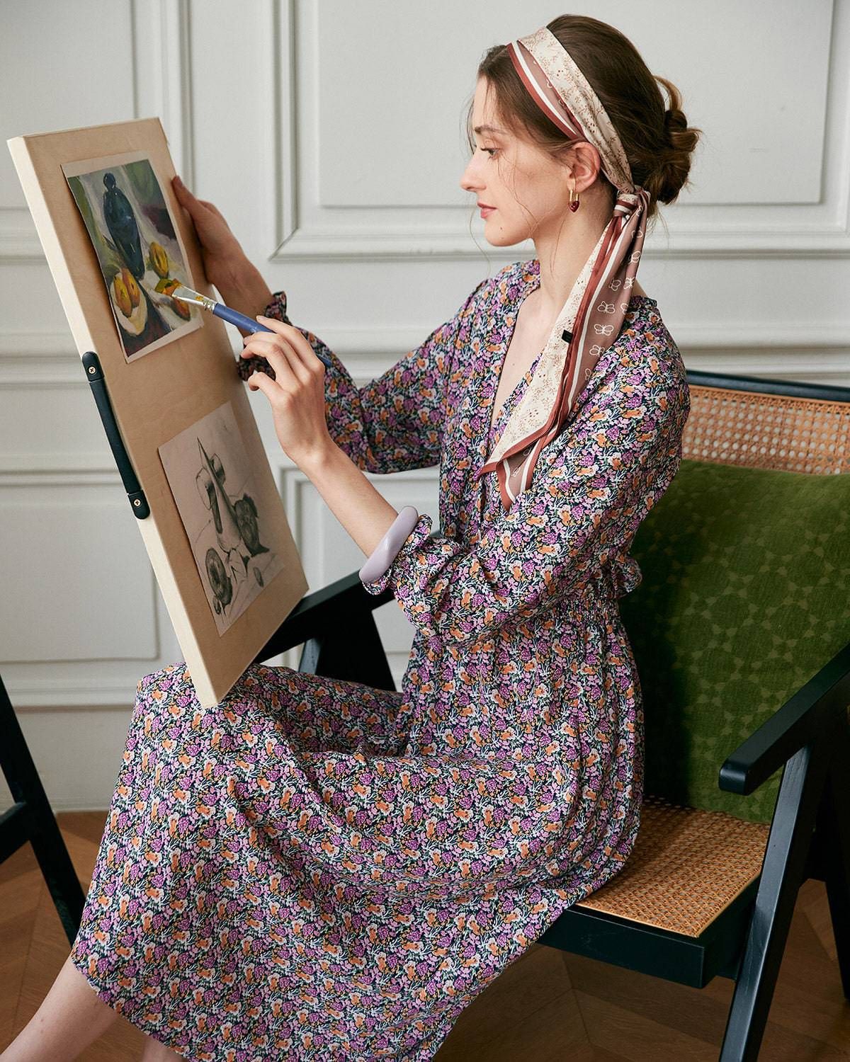 The V Neck Ruffle Cuff Floral Midi Dress sold by rihoas product image thumbnail 4