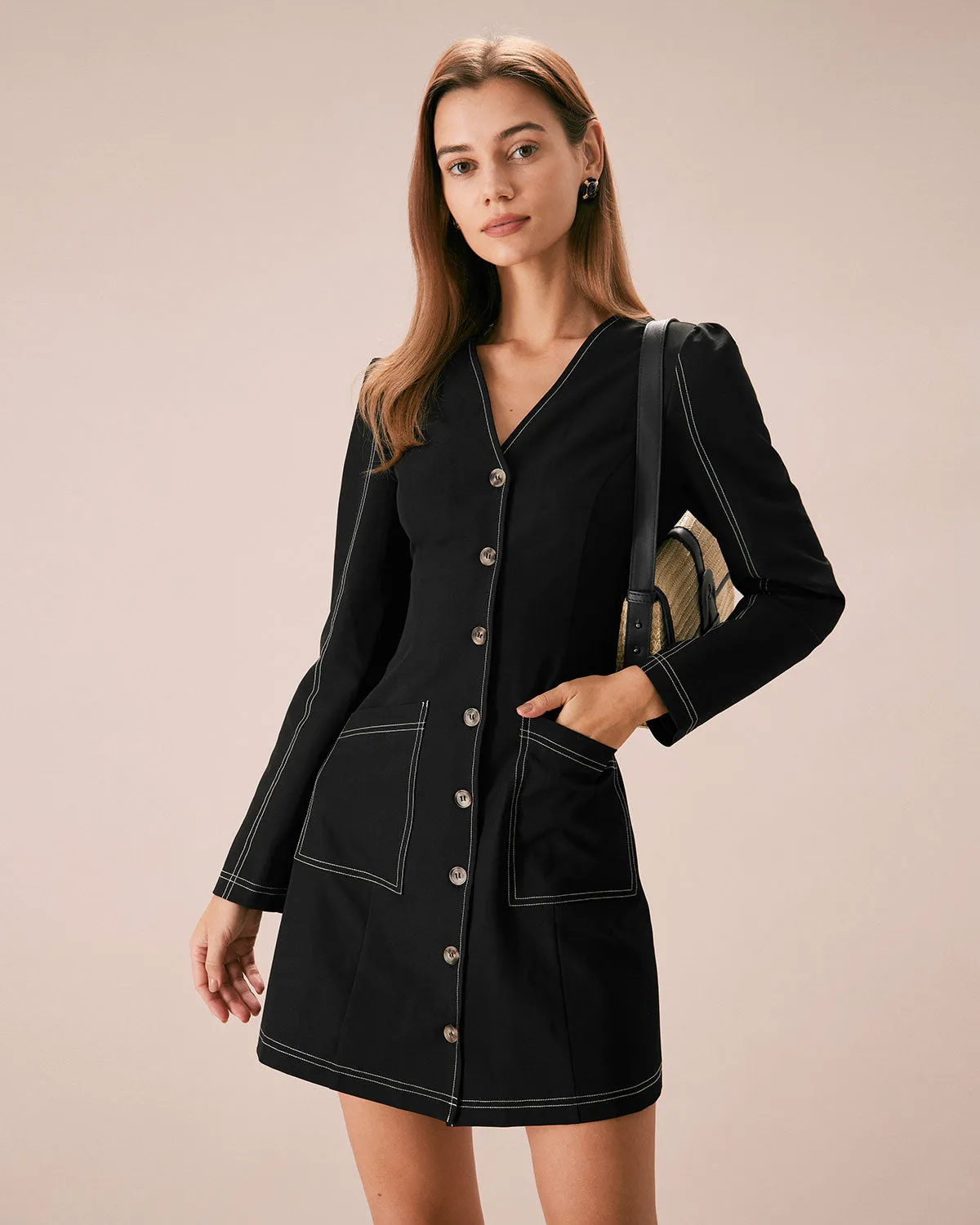 The Black V Neck Contrast Stitch Mini Dress sold by rihoas