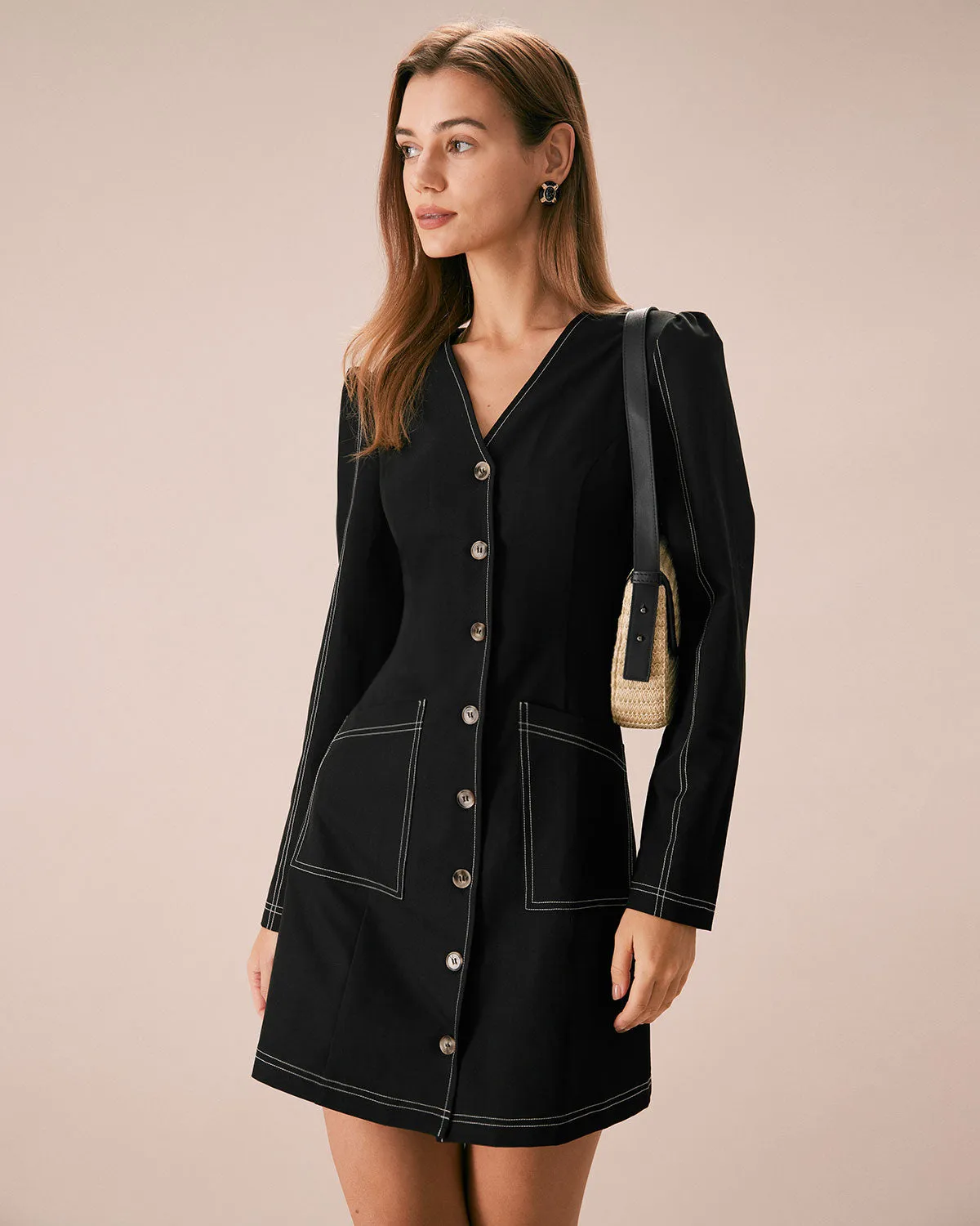 The Black V Neck Contrast Stitch Mini Dress sold by rihoas product image thumbnail 4