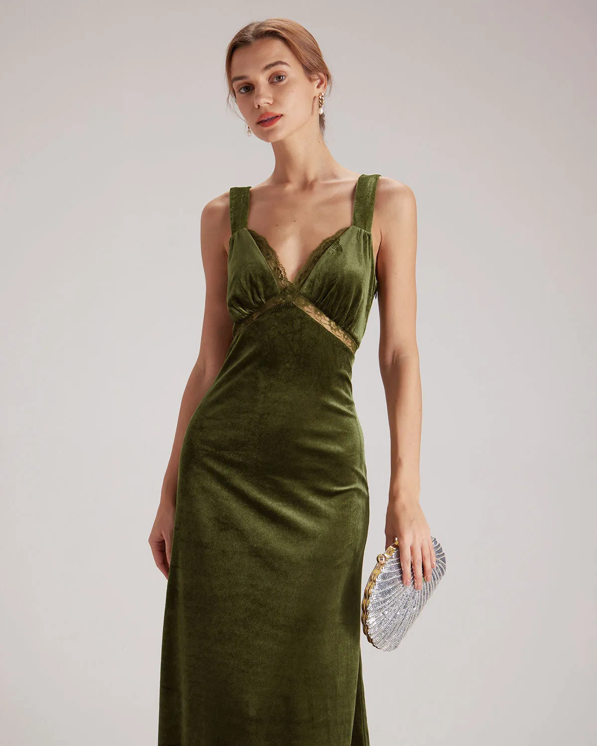 The Green V Neck Cutout Velvet Midi Dress sold by rihoas product image thumbnail 3