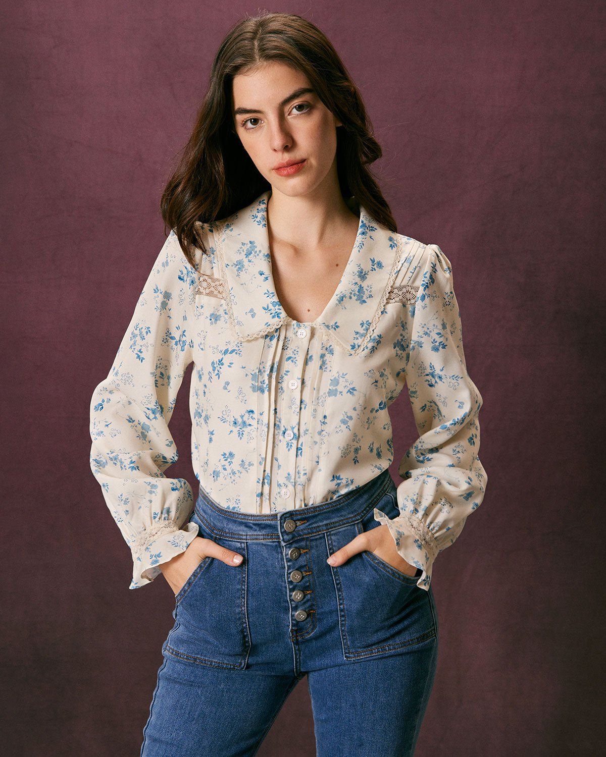 The Beige Peter Pan Collar Floral Lace Blouse sold by rihoas