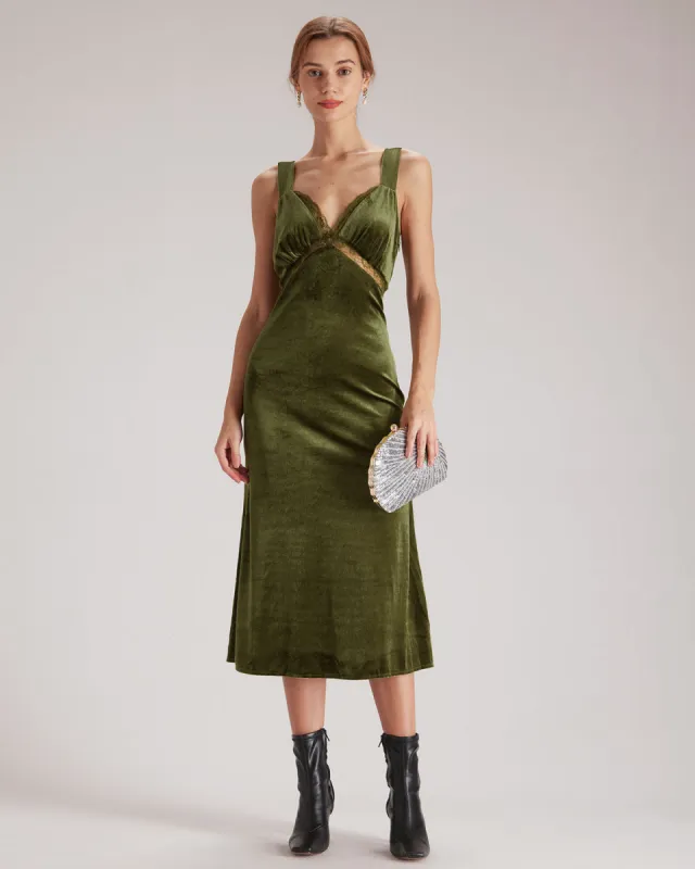 The Green V Neck Cutout Velvet Midi Dress sold by rihoas