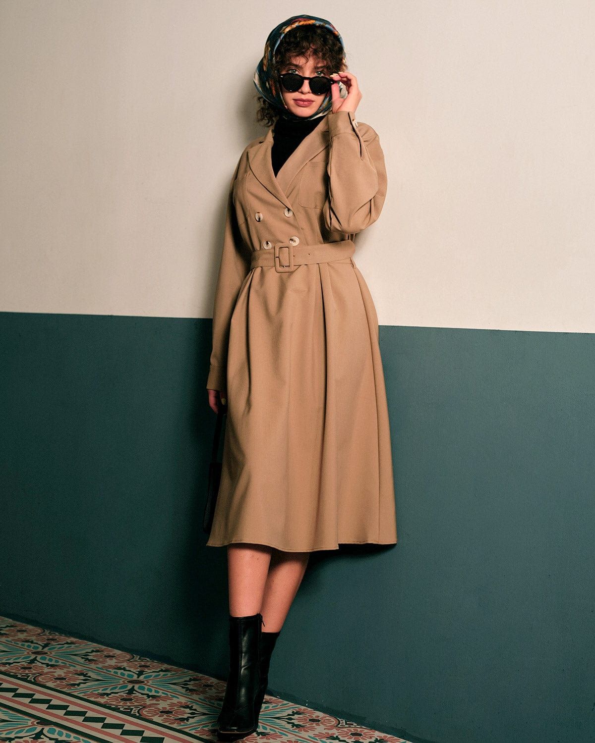 The Collared Belted Long Sleeve Midi Dress sold by rihoas product image thumbnail 3