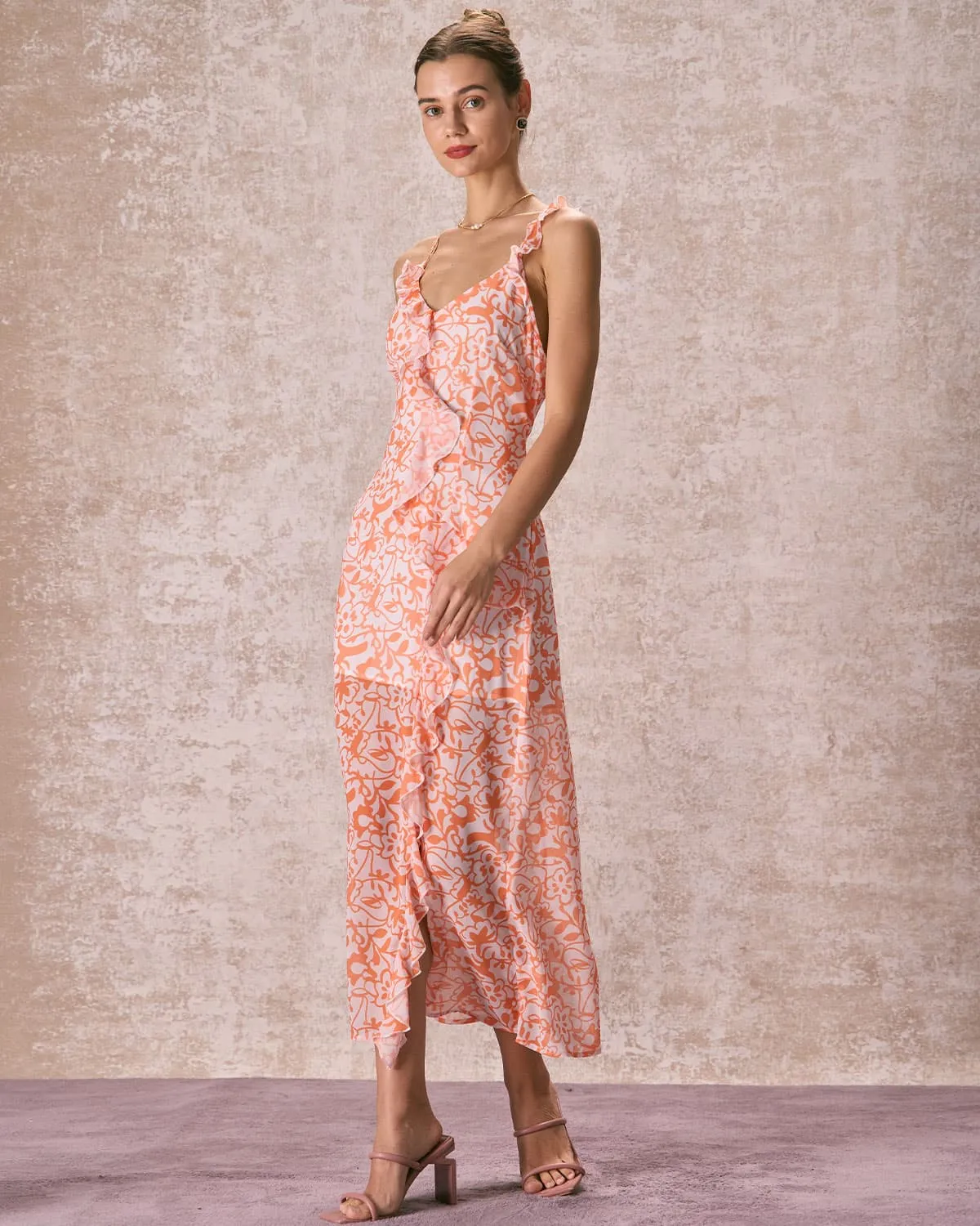 The Orange V Neck Floral Ruffle Maxi Dress sold by rihoas product image thumbnail 2