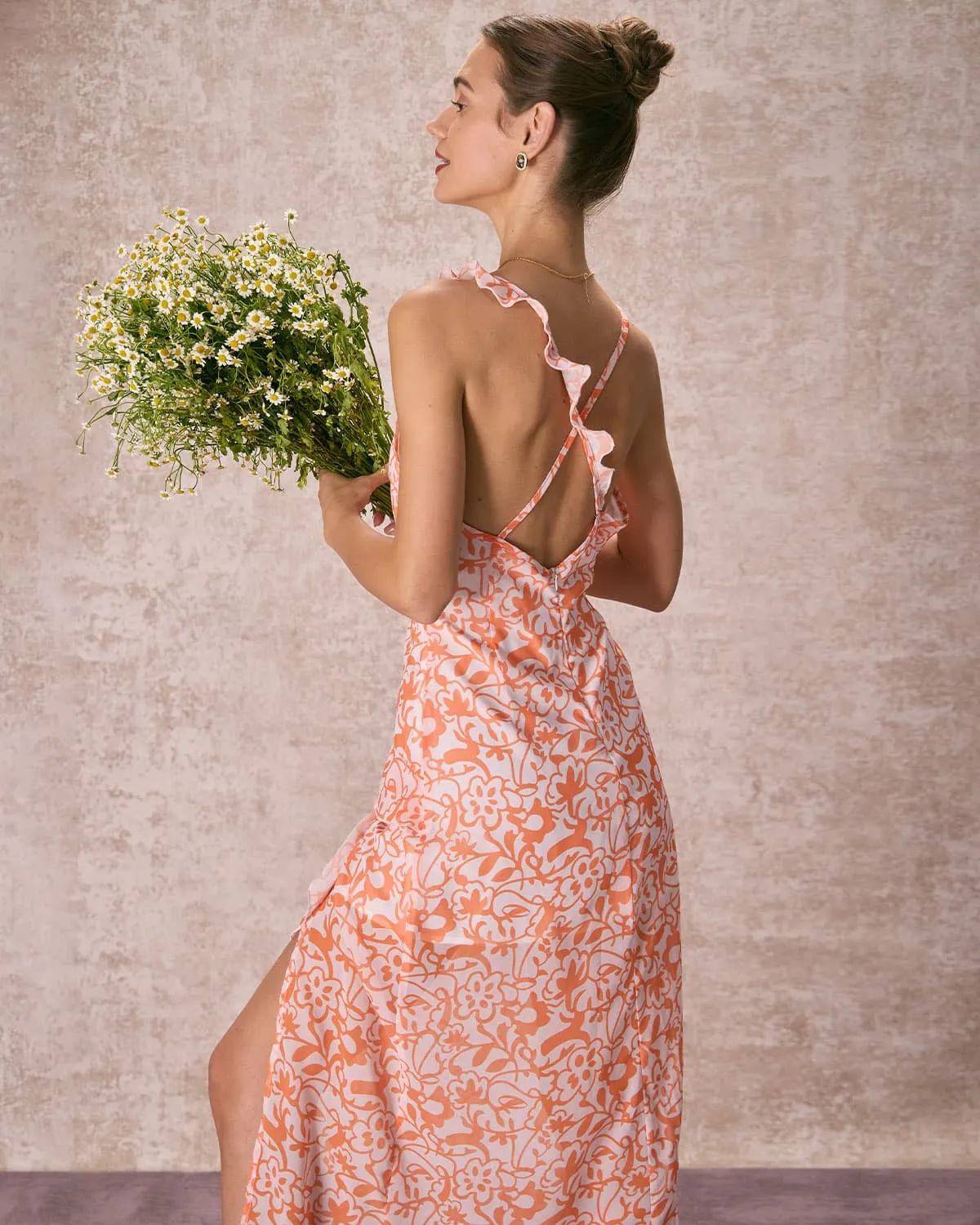 The Orange V Neck Floral Ruffle Maxi Dress sold by rihoas product image thumbnail 5