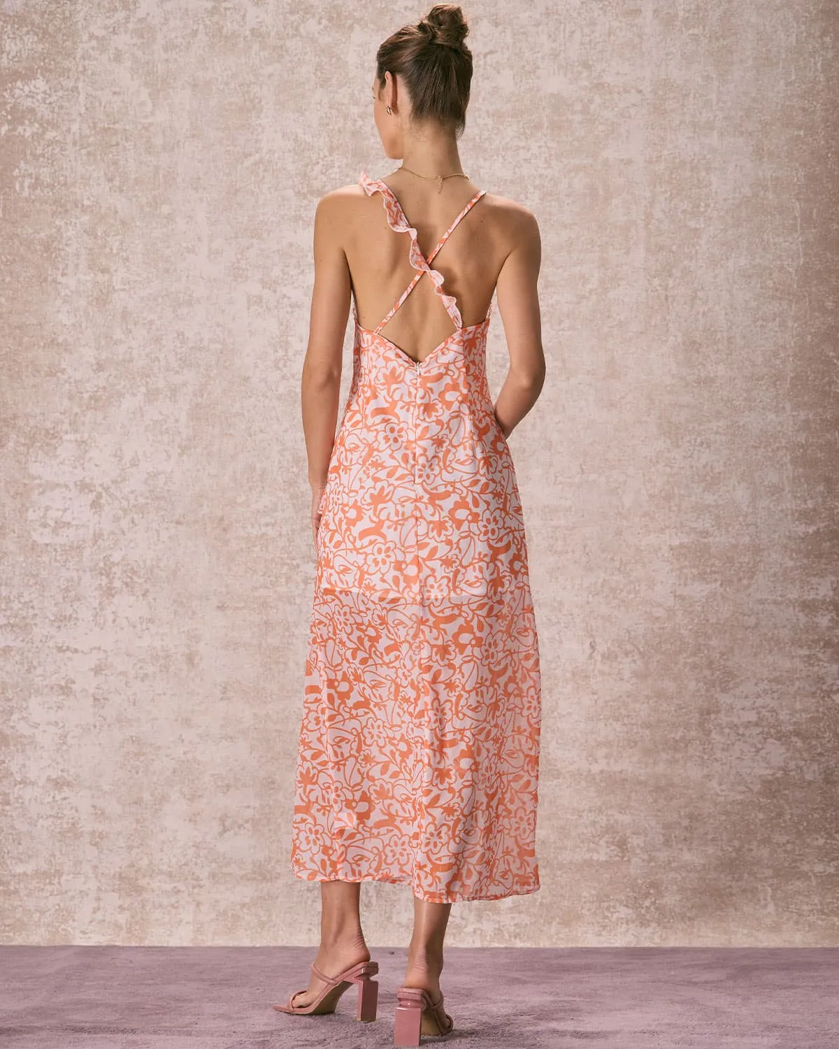 The Orange V Neck Floral Ruffle Maxi Dress sold by rihoas product image thumbnail 4
